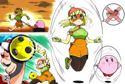 1girl arms_(game) beanie blonde_hair bob_cut domino_mask exercising furumoto_yuuya green_eyes hat jumping kirby kirby_(series) mask megawatt_(arms) min_min_(arms) nintendo orange_hat orange_shorts punching ringed_eyes running short_hair shorts spring_man_(arms)