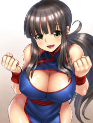 Rule 34 | 1girl, :d, bare shoulders, black hair, blush, breasts, brown eyes, chi-chi (dragon ball), chinese clothes, cleavage, cleavage cutout, clenched hands, clothing cutout, covered erect nipples, dragon ball, female focus, hime cut, large breasts, long hair, looking at viewer, open mouth, smile, solo, wristband, yapo (croquis side)