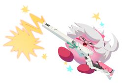 :d absurdres ahoge black-framed_eyewear bow character_name closed_eyes commentary copy_ability elphelt_valentine english_commentary firing glasses green_bow grin guilty_gear guilty_gear_strive gun hairband highres holding holding_gun holding_weapon jojcachu kirby open_mouth pink_hairband rectangular_eyewear rifle smile solo spiked_hairband spikes standing standing_on_one_leg star_(symbol) transparent_background weapon white_hair