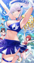 3girls ange_katrina animal_ears arm_behind_head armpits arms_up asymmetrical_clothes ban_(inui_toko) blue_bra blue_eyes blue_hair blue_skirt blue_sky blunt_bangs blurry blurry_background bra breasts brown_hair cheerleader cleavage collarbone confetti day dog_ears dog_girl emblem floating_hair gradient_hair grin groin hair_intakes hair_ornament hairclip highres holding holding_pom_poms inui_toko kashiwagi_touko ken_(inui_toko) light_blue_hair light_blush lize_helesta long_hair looking_at_viewer low_twintails matching_outfits medium_breasts miniskirt multicolored_hair multiple_girls navel nijisanji no_socks one_eye_closed open_mouth outdoors palace pleated_skirt pom_pom_(cheerleading) pom_poms purple_eyes red_bra red_hair red_skirt sanbaka_(nijisanji) shoes short_hair sidelocks skirt sky small_breasts smile sneakers solo_focus sports_bra stomach thigh_strap tree twintails underwear virtual_youtuber white_hair white_shoes yellow_eyes