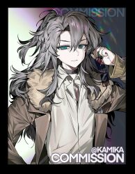 Rule 34 | 1boy, absurdres, anime screenshot, artist name, bad source, blue eyes, coat, collared shirt, expressionless, fur collar, gradient background, grey hair, hand up, high side ponytail, highres, holographic interface, kamika, light smile, long hair, looking at viewer, male focus, medium hair, messy hair, necktie, original, screencap, shirt, sidelocks, smug, tsurime, upper body, wavy hair, white shirt