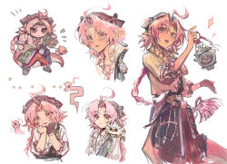 1girl :d ? ahoge anger_vein animalization arknights black_gloves black_hat braid braided_ponytail chibi chinese_commentary chuannzi commentary_request creature creature_on_shoulder fingerless_gloves gloves hat highres holding lantern long_hair looking_at_viewer multiple_views on_shoulder open_mouth pac-dot person_and_animalization pink_eyes pink_hair rose_salt_(arknights) shirt simple_background single_glove smile snake snake_girl snake_tail sparkle tail white_background white_shirt yellow_eyes