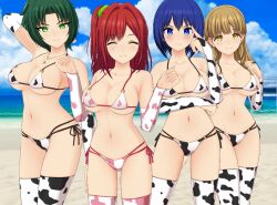 3d 4girls animal_print ayato_utae beach blonde_hair blue_eyes blue_hair breasts cleavage closed_eyes cow_print cow_print_bikini dolphin_wave green_eyes green_hair harunami_anri jewelry large_breasts looking_at_viewer multiple_girls navel necklace outdoors print_bikini red_hair sakimiya_iruka tojou_michiru yellow_eyes