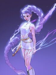 Rule 34 | 1girl, boots, braid, braided ponytail, brown eyes, commentary, earrings, feet out of frame, highres, holding, holding sword, holding weapon, itslopezz, jewelry, kpop demon hunters, looking ahead, open mouth, purple background, purple hair, rumi (kpop demon hunters), shorts, solo, sword, turtleneck, twitter username, weapon, white shorts