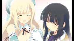 2girls absurdres beret black_hair blonde_hair blue_necktie blunt_bangs breasts cleavage closed_eyes collar detached_collar game_cg gloves green_hat green_sleeves hair_ornament hairclip hand_grab hat highres ikaruga_(senran_kagura) jacket large_breasts light_blush long_hair multiple_girls necktie non-web_source official_art open_mouth ouroboros pillarboxed senran_kagura senran_kagura_burst smile snake_hair_ornament white_collar white_gloves white_jacket yaegashi_nan yomi_(senran_kagura)