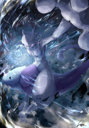 aura dark_background ekaki_panda eye_trail full_body gen_1_pokemon glowing glowing_eye highres legendary_pokemon light_trail mewtwo nintendo pokemon pokemon_(creature) powering_up purple_eyes solo