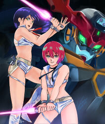 2girls absurdres amate_yuzuriha aqua_eyes black_hair boots breasts commentary_request cosplay crop_top dirty_pair energy_blade energy_sword glowing gquuuuuux green_eyes gun gundam gundam_gquuuuuux highres holding holding_sword holding_weapon kobakin long_hair long_sleeves looking_at_viewer mecha midriff mobile_suit multiple_girls nyaan_(gundam_gquuuuuux) open_mouth parody red_hair robot science_fiction short_hair shorts sword v-fin weapon yellow_eyes