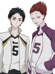2boys akaashi_keiji black_eyes black_hair black_pants closed_mouth collarbone collared_jacket commentary_request haikyuu!! hand_in_pocket highres jacket jitome long_sleeves looking_at_viewer male_focus multiple_boys natade_kou09 open_clothes open_jacket pants popped_collar red_eyes red_hair short_hair side-by-side sportswear standing tendou_satori tongue tongue_out v-neck volleyball_uniform white_background
