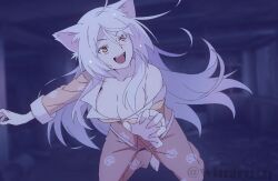 1girl :d animal_ears animal_print bakemonogatari bakeneko barefoot black_hanekawa breasts cat_ears cat_girl cat_print cleavage collarbone commentary_request fooring hanekawa_tsubasa happy highres large_breasts long_hair monogatari_(series) open_mouth pajamas pink_pajamas print_pajamas slit_pupils smile solo teeth twitter_username upper_teeth_only very_long_hair white_hair yellow_eyes