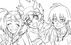 Rule 34 | absurdres, closed eyes, dinosaur king, glasses on head, highres, horns, kodai ryuuta, looking at viewer, rex owen, smile, tatsuno malm, v