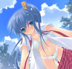 Rule 34 | 00s, 1girl, bow, bow bra, bow panties, bra, clothes pull, dress shirt, female focus, from below, green panties, ito noizi, lace, lace-trimmed bra, lace-trimmed panties, lace trim, lingerie, long hair, nanatsuiro drops, necktie, open clothes, open shirt, panties, plaid clothes, plaid skirt, ponytail, ribbon-trimmed bra, ribbon-trimmed underwear, ribbon trim, school uniform, serafuku, shirt, skirt, skirt pull, solo, underwear, undone necktie, undressing, yuuki nona