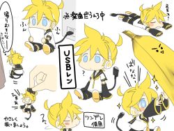 1boy ? aqua_eyes arms_at_sides back banana blonde_hair reference_sheet chibi colored_eyelashes flat_color food fruit holding holding_paper kagamine_len male_focus mini_person miniboy multiple_views necktie oharu paper ponytail simple_background sitting sparkle speech_bubble tail thought_bubble translated usb vocaloid white_background yellow_necktie