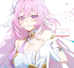 1girl breasts cleavage commentary_request corset elysia_(herrscher_of_human:_ego)_(honkai_impact) elysia_(honkai_impact) gloves heart highres honkai_(series) honkai_impact_3rd large_breasts long_hair looking_at_viewer nijikun parted_lips pink_hair purple_eyes reaching reaching_towards_viewer simple_background smile solo translation_request upper_body veil very_long_hair white_background white_corset white_gloves white_veil