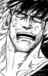 1boy beard_stubble blue_eyes boku_no_hero_academia bruise constricted_pupils endeavor_(boku_no_hero_academia) facial_hair greyscale hair_down highres injury looking_up male_focus mature_male monochrome mustache_stubble neck portrait sanpaku sashimi_oran scar scar_across_eye scar_on_face short_hair sideburns sideburns_stubble solo spiked_hair spot_color stubble tsurime