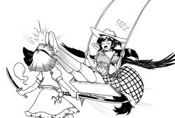 2girls :d accident bandana blush bob_cut boots closed_eyes cowboy_hat dress frilled_skirt frills giantcavemushroom hair_ribbon hairband happy hat highres holding holding_sword holding_weapon horse_tail katana konpaku_youmu konpaku_youmu_(ghost) kurokoma_saki long_hair monochrome multiple_girls off-shoulder_dress off_shoulder on_swing open_mouth overskirt pegasus_wings plaid_clothes plaid_dress plaid_overskirt puffy_short_sleeves puffy_sleeves ribbon shirt shoe_soles short_hair short_sleeves sitting skirt smile swing swinging_on_swing sword tail teeth touhou upper_body upper_teeth_only vest wakizashi weapon