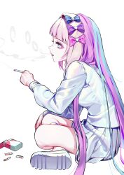 1girl absurdres blonde_hair blue_bow blue_eyes blue_hair blue_serafuku blue_shoes bow chouzetsusaikawa_tenshi-chan cigarette cigarette_pack from_side full_body hair_bow highres holding holding_cigarette m_psycho_83 miniskirt multicolored_bow multicolored_hair needy_girl_overdose open_mouth pink_bow profile purple_bow purple_hair school_uniform serafuku shoes sitting skirt smoke smoking