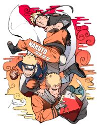 Rule 34 | 3boys, :d, bandaged arm, bandages, boruto: naruto next generations, character name, closed mouth, dated, fishnets, forehead protector, full body, grin, highres, jacket, konohagakure symbol, long sleeves, multiple boys, naruto (classic), naruto (series), naruto shippuuden, ninja, open mouth, orange jacket, orange pants, pants, sandals, short hair, smile, spiked hair, teeth, uzumaki naruto, zifletts