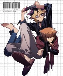 2boys black_choker black_hair black_shirt blonde_hair blue_pants brown_eyes brown_hair choker full_body grey_shirt highres in-franchise_crossover male_focus medium_hair multicolored_hair multiple_boys muto_yugi nintendo_switch pants purple_eyes purple_hair shirt spiked_hair yoshio_296 yu-gi-oh! yu-gi-oh!_duel_monsters yu-gi-oh!_gx yuki_judai