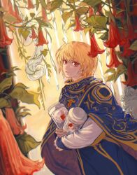 1boy alternate_costume androgynous blonde_hair blue_cloak cloak container earrings flower highres holding hunter_x_hunter ik18166181ik jewelry kurapika leaf long_sleeves looking_at_viewer male_focus red_eyes red_flower rose short_hair solo upper_body white_flower white_rose white_sleeves yellow_background