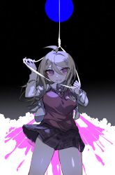 1girl a_sa_gohan absurdres ahoge akamatsu_kaede backpack bag blonde_hair blood breasts collared_shirt cowboy_shot danganronpa_(series) danganronpa_v3:_killing_harmony duplicate fortissimo grin hair_between_eyes hair_ornament highres holding large_breasts long_hair long_sleeves looking_at_viewer miniskirt musical_note musical_note_hair_ornament necktie orange_necktie pink_blood pink_vest pixel-perfect_duplicate pleated_skirt shirt skirt smile solo spoilers sweater_vest teeth vest white_shirt