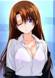 1girl black_jacket blue_background blue_eyes breasts brown_hair cleavage collared_shirt engo_(aquawatery) highres jacket jacket_partially_removed large_breasts long_sleeves looking_at_viewer lyrical_nanoha mahou_shoujo_lyrical_nanoha_exceeds:_gun_blaze_vengeance one_eye_closed shirt solo two-tone_background upper_body white_background white_shirt yagami_hayate