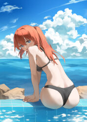 1girl absurdres arm_support ass bikini black_bikini blue_eyes blue_sky blush breasts cloud cloudy_sky commentary_request day double-parted_bangs from_behind hair_between_eyes highres horizon koshouko_(fenrisulfr1010) large_breasts leaning_to_the_side long_bangs long_hair looking_at_viewer looking_back median_furrow ocean open_mouth original outdoors ponytail pool red_hair reflection reflective_water rock scenery sitting sky smile solo sunlight swimsuit tiles
