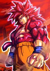 1boy body_fur clenched_hands commentary_request cowboy_shot dragon_ball dragon_ball_daima highres kouji08250 long_hair male_focus monkey_tail muscular muscular_male orange_pants pants red_eyes red_fur red_hair red_tail smile solo son_goku spiked_hair super_saiyan super_saiyan_4 tail topless_male