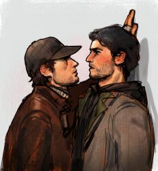 2boys against_wall aiden_pearce alan_wake alan_wake_(game) baseball_cap beard_stubble black_eyes black_hair black_shirt brown_coat brown_hair brown_hoodie coat crossover facial_hair fingerless_gloves gloves hat hood hood_down hoodie leaning_forward looking_at_another male_focus multiple_boys neo_jpeg open_mouth pinned shadow shirt short_hair stubble upper_body watch_dogs white_background white_gloves