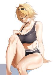 Rule 34 | 1girl, absurdres, arm support, bare shoulders, barefoot, black headband, black panties, black sports bra, blonde hair, blue eyes, blush, breasts, calvin klein, cleavage, collarbone, commentary, commission, english commentary, girls&#039; frontline, girls&#039; frontline 2: exilium, hair between eyes, hair intakes, hair ornament, headband, highres, hot, knee up, large breasts, midriff, navel, nikketa (girls&#039; frontline 2), panties, parted lips, salm0n0range, shadow, short hair, sidelocks, simple background, sitting, solo, sports bra, steaming body, sweat, underwear, vsk-94 (girls&#039; frontline), white background