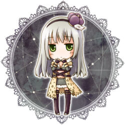 1girl black_hairband black_thighhighs blush brown_coat chibi chibi_only closed_mouth coat commentary_request cross-laced_clothes cross-laced_top crown expressionless fingerless_gloves full_body gloves green_eyes grey_gloves grey_hair grey_skirt hairband long_hair looking_at_viewer lowres midriff miniskirt navel purple_crown ragnarok_online ren_(totoki) shadow_chaser_(ragnarok_online) skirt solo standing thighhighs white_background