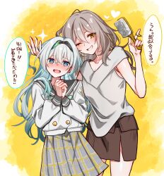 2girls black_hairband black_skirt buttons commentary_request crying crying_with_eyes_open double-breasted firefly_(honkai:_star_rail) firefly_(spring_missive)_(honkai:_star_rail) gel_(nukoleg) gradient_hair green_hair grey_hair grey_sailor_collar grey_skirt grin hair_brush hairband highres holding holding_hair_brush honkai:_star_rail honkai_(series) long_hair long_sleeves multicolored_hair multiple_girls official_alternate_costume one_eye_closed open_mouth plaid_clothes plaid_skirt pleated_skirt purple_hair sailor_collar shirt skirt smile stelle_(honkai:_star_rail) tears trailblazer_(honkai:_star_rail) translation_request two-tone_hair white_shirt yellow_eyes