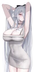 1girl absurdres armpits arms_up black_bow black_choker blush bow breasts bright_pupils choker cinderella_(beautiful_me)_(nikke) cinderella_(nikke) cleavage closed_mouth commentary covered_navel cowboy_shot dongtan_dress dress goddess_of_victory:_nikke grey_dress grey_hair hair_bow hair_over_one_eye hands_in_hair hands_in_own_hair heart heart_necklace highres jewelry laneigu large_breasts long_hair looking_at_viewer meme_attire necklace official_alternate_costume red_eyes sidelocks simple_background solo taut_clothes taut_dress very_long_hair white_background white_hair white_pupils