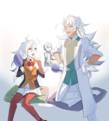 1girl 2boys absurdres ahoge alternate_costume alternate_hairstyle ascot blush braid closed_eyes coat commentary_request cosplay dark-skinned_male dark_skin fate/grand_order fate_(series) father_and_daughter grey_eyes grey_hair hair_between_eyes hands_on_own_hips highres lab_coat long_hair long_sleeves marisbury_animusphere multiple_boys olga_marie_animusphere open_mouth orange_pantyhose pantyhose ponytail red_ascot romani_archaman romani_archaman_(cosplay) side_braid simple_background sitting smile so_(sh1ro1to) solomon_(fate) white_background white_coat white_hair yellow_eyes thumbnail