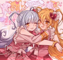 Rule 34 | 2girls, absurdres, blonde hair, blue hair, bow, bowtie, cheromo159, cosplay, don quixote (project moon), dress, e.g.o (project moon), hair ornament, heart, heart hair ornament, highres, kiss, limbus company, lobotomy corporation, lobotomy corporation (identity) (project moon), long hair, multiple girls, open mouth, pink bow, pink bowtie, pink garter straps, pink vest, project moon, queen of hatred, queen of hatred (cosplay), simple background, skirt, smile, two side up, very long hair, vest, yellow eyes, yuri