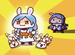 ._. 2girls :d :i absurdres animal_ears blue_hair blush_stickers bow braid brown_eyes brown_gloves brown_pantyhose carrot_hair_ornament closed_mouth commentary detached_sleeves dress english_commentary food-themed_hair_ornament gloves hair_ornament highres hololive keenbiscuit long_hair low_twintails mother_and_daughter multicolored_hair multiple_girls open_mouth orange_bow pantyhose pekomama pekomon_(usada_pekora) puffy_short_sleeves puffy_sleeves rabbit_ears shaded_face short_sleeves smile standing sunburst sunburst_background twin_braids twintails two-tone_hair usada_pekora very_long_hair virtual_youtuber white_dress white_hair white_sleeves