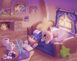 2boys bandana bandana_waddle_dee blue_bandana blue_eyes blush_stickers book callum cup elfilin figure fire fireplace food happy hot_chocolate indoors kirby kirby_(series) kirby_and_the_forgotten_land lying marshmallow mug multiple_boys nintendo no_humans on_back on_bed open_mouth orange_eyes photo_(object) picture_frame pillow sitting star-shaped_pillow