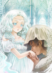 1boy 1girl bad_id bad_pixiv_id blue_eyes blue_hair blush brown_hair chiko_(d04099) cloak dark_skin diamonds dress earrings gem hair_ornament hetero hood jewelry kiss kissing_hand long_hair nail_polish original pearl_(gemstone) pink_nails princess queen tattoo tears twintails