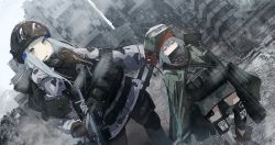2girls absurdres assault_rifle bullpup camouflage caseless_firearm cityscape crossover g11_(girls&#039;_frontline) girls&#039;_frontline gloves goggles goggles_on_headwear green_eyes grey_eyes grey_hair gun h&amp;k_g11 h&amp;k_hk416 helmet highres hk416_(fang)_(girls&#039;_frontline) hk416_(girls&#039;_frontline) holding holding_gun holding_weapon kilabo long_hair mask multiple_girls official_alternate_costume red_gloves respirator rifle snow snow_camouflage snowing tom_clancy&#039;s_the_division weapon winter_uniform