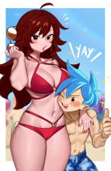 1boy 1girl absurdres ahoge beach bikini biting blue_hair blue_male_swimwear blue_swim_trunks blurry blurry_background blush border boyfriend_(friday_night_funkin&#039;) breasts brown_hair cheek_press cleavage colored_skin cowboy_shot drawstring friday_night_funkin&#039; girlfriend_(friday_night_funkin&#039;) highres large_breasts long_hair male_swimwear nail_polish navel nia_(nia4294) no_nose one_eye_closed open_mouth outdoors pink_skin print_male_swimwear print_swim_trunks print_swimsuit red_bikini short_hair smile swim_trunks swimsuit tall_female taller_female biting_own_thumb white_border