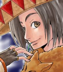 1boy animal animal_around_neck brown_eyes brown_gloves brown_hair brown_hat closed_mouth fingerless_gloves fox gloves hat koma_mama leaf_in_mouth looking_at_viewer lowres male_focus portrait professor_(ragnarok_online) ragnarok_online short_hair smile solo