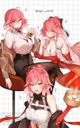 1girl adapted_costume ahoge alternate_costume bare_shoulders bespectacled black_bow black_bra black_pantyhose black_skirt blush body_markings bow bra bra_peek braid breasts brown_jacket changli_(wuthering_waves) closed_mouth collarbone collared_shirt colored_extremities commentary_request crossed_legs cup drinking_glass food glasses grid_background hair_bow hair_extensions hair_ornament head_wreath highres holding holding_cup jacket large_breasts multicolored_hair multiple_views off_shoulder official_alternate_costume onigiri_yumi09 open_mouth orange_eyes pantyhose pink_hair red_hands ring_hair_extensions see-through_clothes shirt shirt_tucked_in sitting skirt sleeveless smile steamed_bun twin_braids twitter_username two-tone_hair underwear white_hair white_shirt wuthering_waves