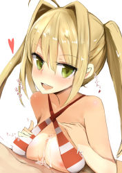 1girl ahoge bikini blonde_hair blush breast_suppress breasts criss-cross_halter cum cum_on_body cum_on_breasts cum_on_upper_body fate/grand_order fate_(series) green_eyes hair_between_eyes hair_intakes halterneck hands_on_own_chest highres large_breasts long_hair looking_at_viewer muoto nero_claudius_(fate) nero_claudius_(swimsuit_caster)_(fate) nose_blush open_mouth paizuri paizuri_under_clothes smile solo_focus striped_bikini striped_clothes swimsuit twintails upper_body