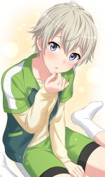 Rule 34 | 1boy, :o, absurdres, ahoge, androgynous, arm support, bad id, bad twitter id, between legs, bike shorts, bike shorts under shorts, commentary, from above, gradient background, grey eyes, hand between legs, hand on own cheek, hand on own face, highres, jacket, looking at viewer, male focus, open clothes, open jacket, sekina, shorts, silver hair, sitting, socks, solo, sweater, totsuka saika, trap, wariza, yahari ore no seishun lovecome wa machigatteiru.