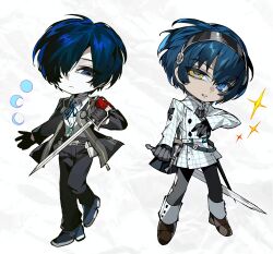 Rule 34 | 2boys, ahoge, armband, belt, black gloves, black jacket, black pants, black shirt, blue eyes, blue hair, boots, broken footwear, bubble, checkered coat, chibi, coat, collared shirt, determined, expressionless, floating, from side, full body, gakuran, gloves, grey pants, hair over one eye, heterochromia, highres, holding, holding sword, holding weapon, holster, jacket, kamika, long sleeves, looking at viewer, looking to the side, male focus, messy hair, metaphor: refantazio, multiple boys, necktie, official art, open clothes, open jacket, pale skin, pants, parted bangs, persona, persona 3, protagonist (metaphor: refantazio), red armband, school uniform, shirt, shoes, short hair, simple background, sketch, sneakers, sparkle, sword, weapon, white background, white coat, yellow eyes, yuuki makoto (persona 3)