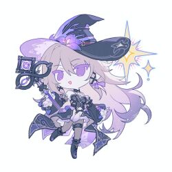 1girl black_dress black_hat black_shoes black_sleeves brown_hair brown_pantyhose chibi commentary detached_sleeves dress gradient_hair hat herta_(honkai:_star_rail) holding holding_wand honkai:_star_rail honkai_(series) key long_hair multicolored_hair pantyhose purple_eyes purple_hair shoes simple_background sindo_0 solo sparkle the_herta_(honkai:_star_rail) wand white_background witch_hat