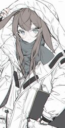 1girl adjusting_hood amiya_(arknights) animal_ears arknights bad_id bad_twitter_id bespectacled black_gloves blue_eyes book closed_mouth coat cowboy_shot dot_nose eyelashes fingerless_gloves flat_color floppy_ears glasses gloves grey_scarf happy highres holding holding_book hood hood_up hooded_coat jewelry light_blush loose_hair_strand multiple_rings pocket rabbit_ears ring scarf sidelocks smile snow_is solo twitter_username white-framed_eyewear white_background white_coat zipper