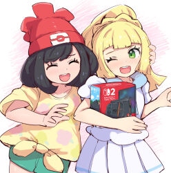 Rule 34 | 2girls, beanie, black hair, blonde hair, braid, closed eyes, collared dress, dress, floral print, green eyes, green shorts, hand on another&#039;s head, hat, highres, kutabireta neko, lillie (pokemon), multiple girls, nintendo, nintendo switch 2, one eye closed, poke ball theme, pokemon, pokemon sm, ponytail with braided base, red hat, selene (pokemon), shirt, short hair, shorts, sundress, t-shirt, tied shirt, white background, white dress, yellow shirt
