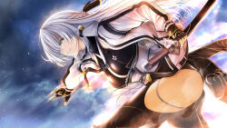 1girl arm_guards black_gloves black_pants blue_eyes breasts clothing_cutout coat eiyuu_densetsu fingerless_gloves floating_hair gloves glowing grin hair_between_eyes hair_over_one_eye half_updo highres holding holding_sword holding_weapon kagura_yuuto katana kuro_no_kiseki_(series) kuro_no_kiseki_i large_breasts long_hair open_clothes open_coat pants shizuna_rem_misurugi smile solo sword thigh_cutout weapon white_hair