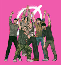 1girl 5boys arm_tattoo arms_up beard belt black_hair black_hat black_pants black_sweater blonde_hair blue_pants bradford_phillip_delson brown_pants brown_shirt camouflage camouflage_pants cargo_pants clenched_hands colin_brittain commentary_request david_michael_farrell denim emily_armstrong facial_hair full_body grey_jacket grey_shirt grey_shoes hand_on_own_knee hat highres jacket jeans joseph_hahn linkin_park long_sleeves medium_hair michael_kenji_shinoda multicolored_hair multiple_boys noriuma open_mouth pants pink_background roots_(hair) shirt shoes short_hair short_sleeves smile standing sweater t-shirt tattoo very_short_hair white_shoes