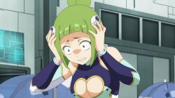 1girl anime_coloring anime_screenshot bare_shoulders bodysuit breast_cutout breasts eden&#039;s_zero green_hair hair_bun hair_ornament highres kleene_(eden&#039;s_zero) long_sleeves non-web_source small_breasts